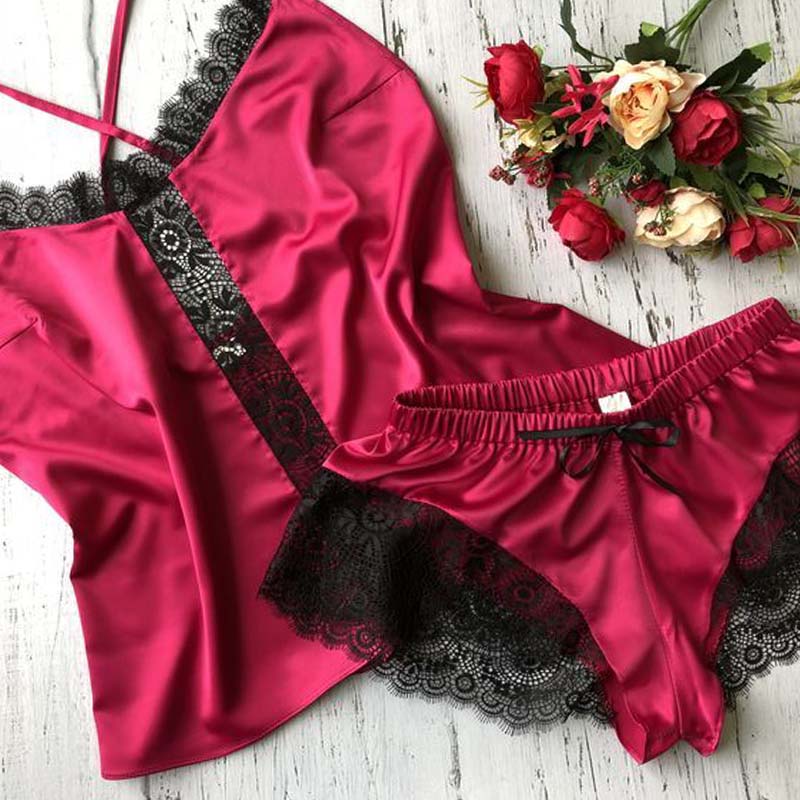 

Lovely Sexy Lace Patchwork Wine Red Sleepwear