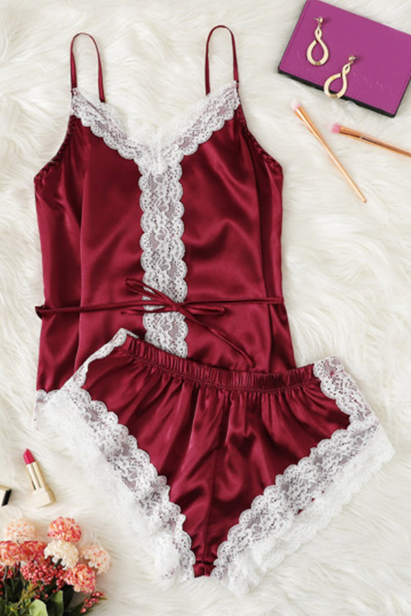 

Lovely Sexy Lace Patchwork Wine Red Sleepwear