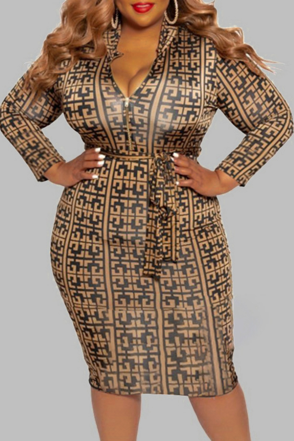 

Lovely Trendy Print Dark Coffee Knee Length Plus Size Dress