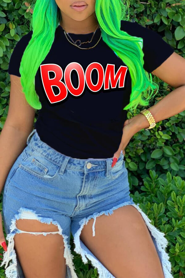 

LW Casual O Neck Letter Black T-shirt