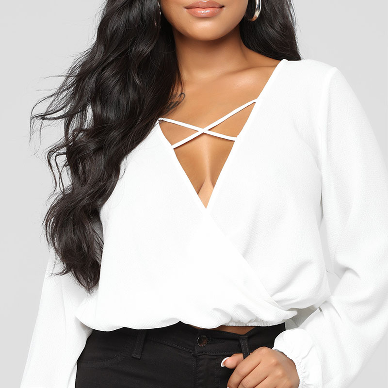 

Lovely Trendy Deep V Neck White Blouse