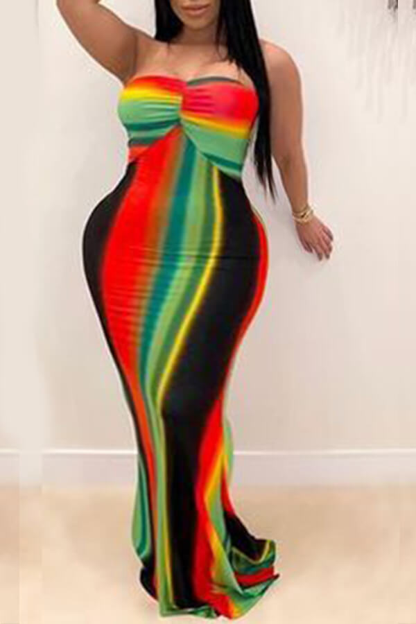 

Lovely Plus Size Trendy Striped Multicolor Maxi Dress, Multi