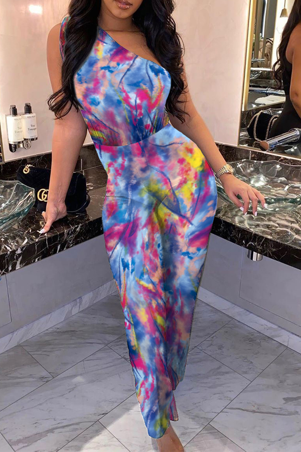 

Lovely Leisure One Shoulder Print Blue One-piece Jumpsuit