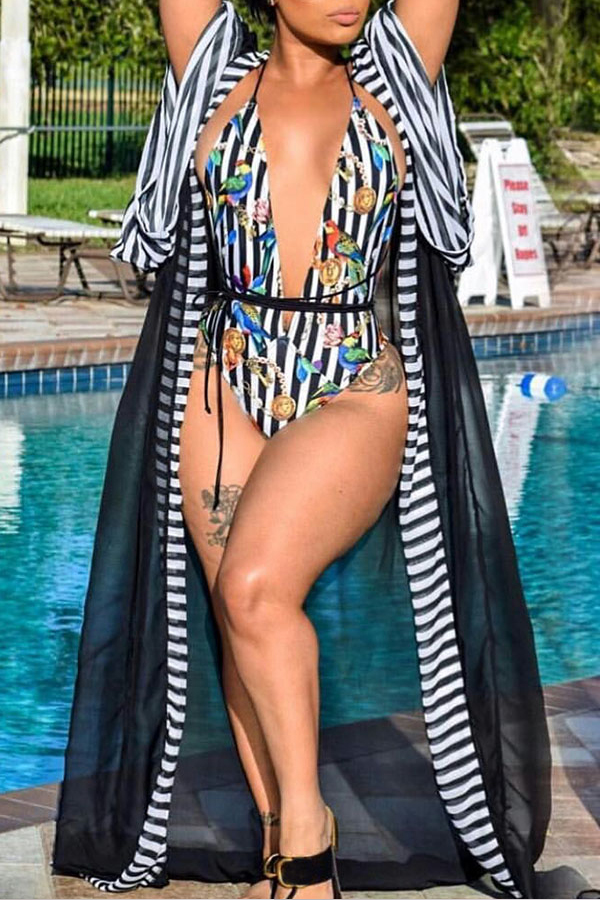 

Lovely Print Black One-piece Swimsuit(With Cover-up