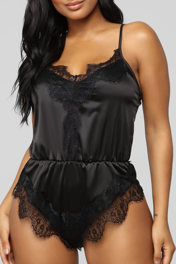 

Lovely Sexy Lace Patchwork Black Sleepwear