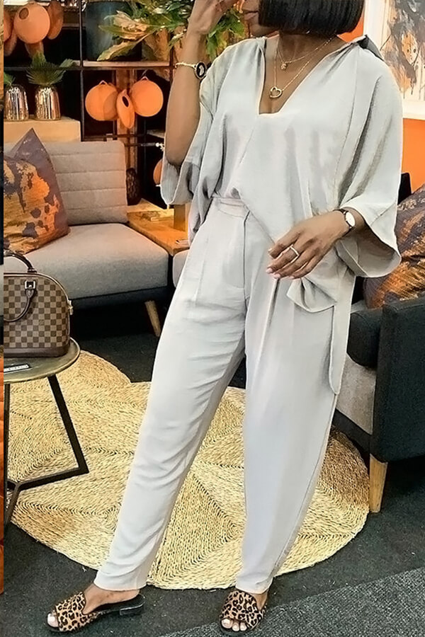 

Lovely Leisure Fold Design Grey Two-piece Pants Set