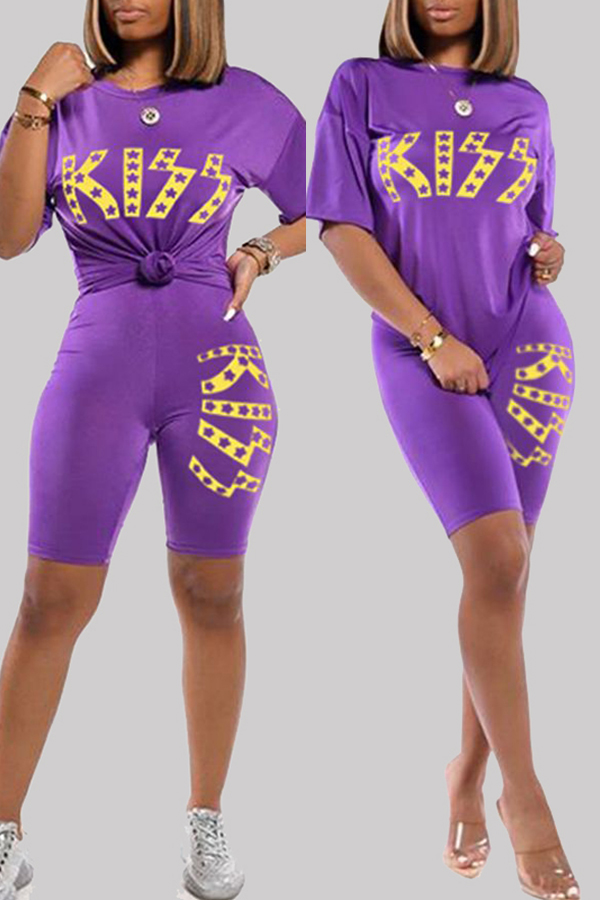 

Lovely Sportswear Letter Print Purple Two-piece Shorts Set