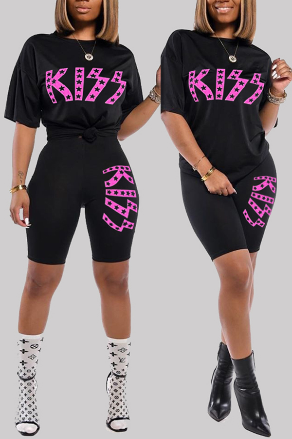 

Lovely Sportswear Letter Print Black Two-piece Shorts Set