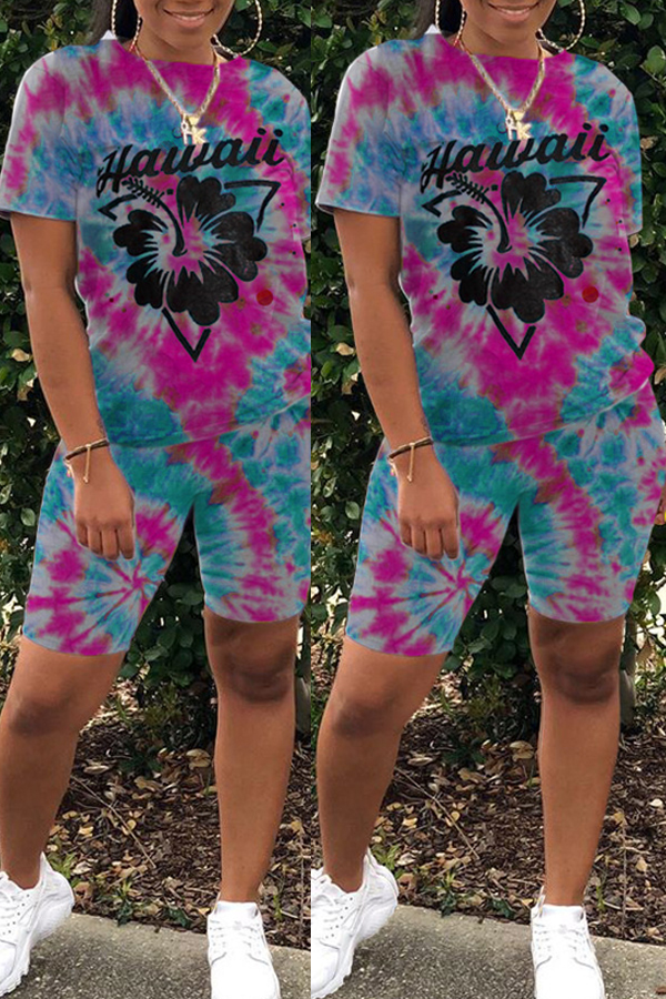 

Lovely Casual Tie-dye Rose Red Two-piece Shorts Set