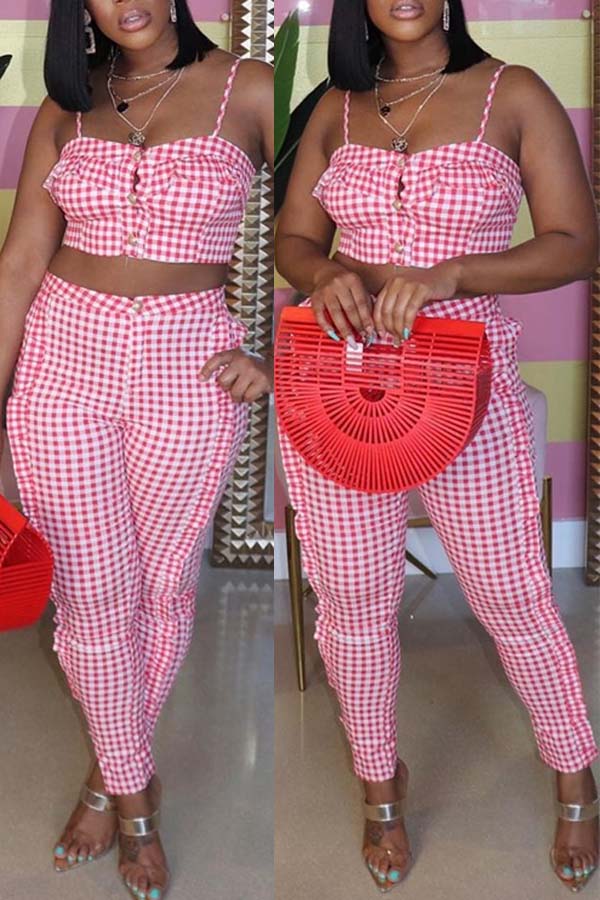 

Lovely Sweet Grid Pink Two-piece Pants Set
