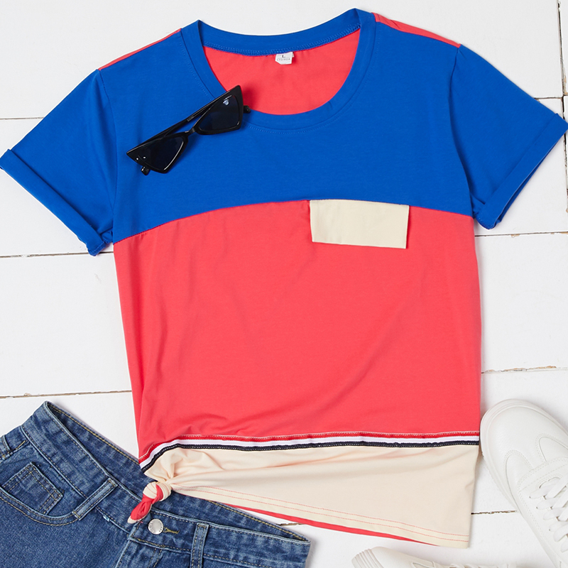 

Lovely Casual Color-lump Patchwork Red T-shirt
