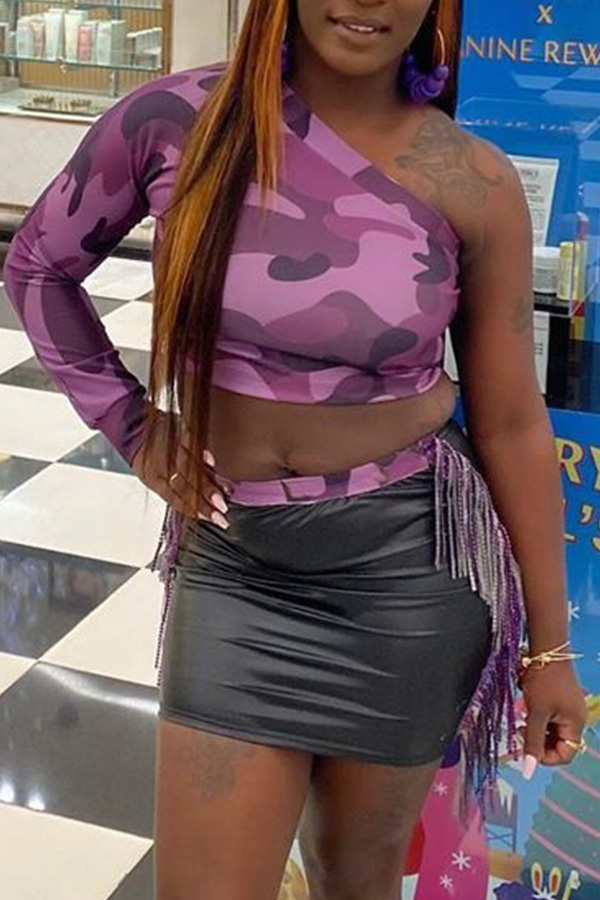 

Lovely Trendy One Shoulder Print Purple Two-piece Skirt Set