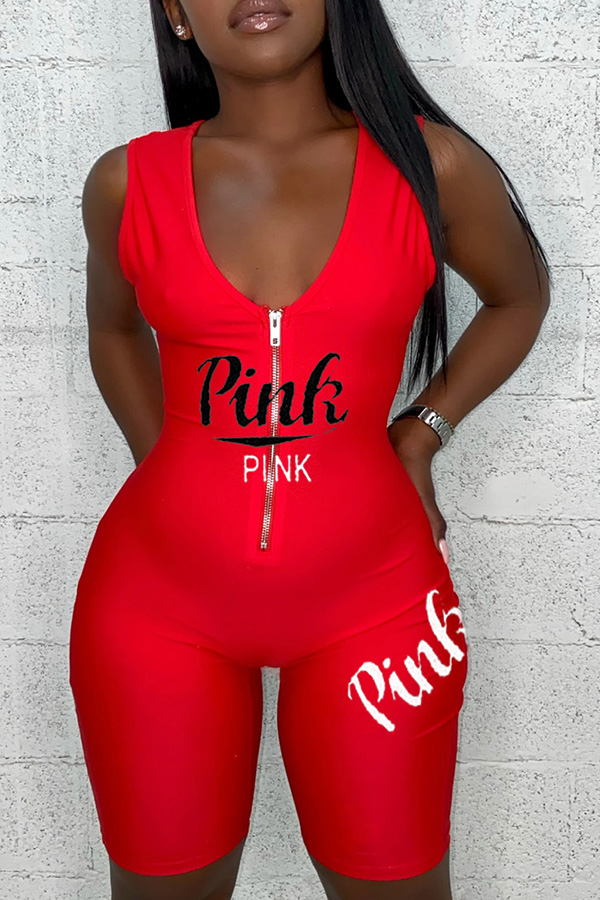

Lovely Sportswear Zipper Design Red One-piece Romper