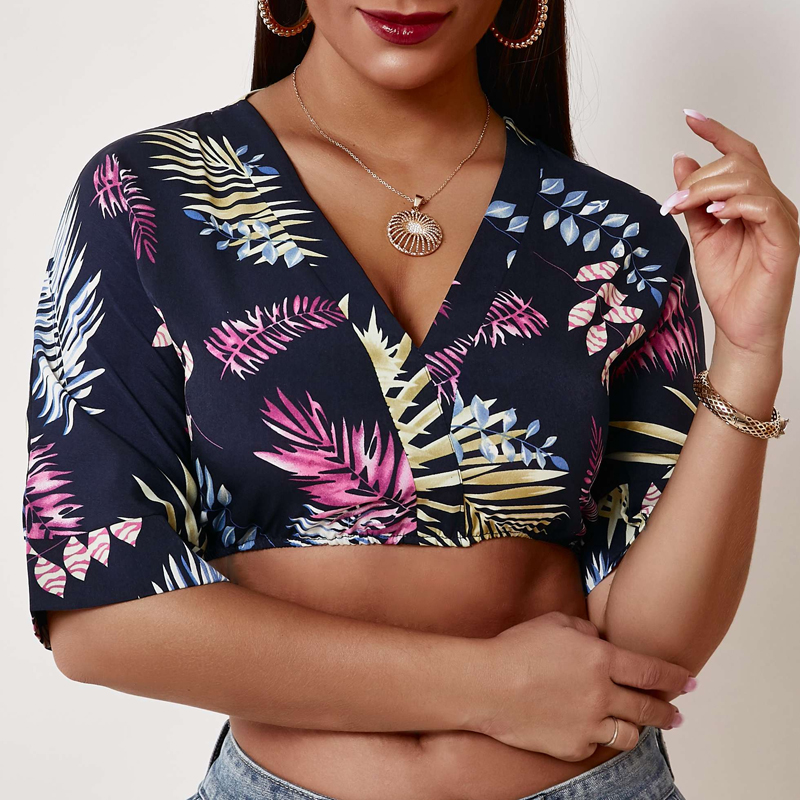 

Lovely Sexy Plants Print Blue Blouse