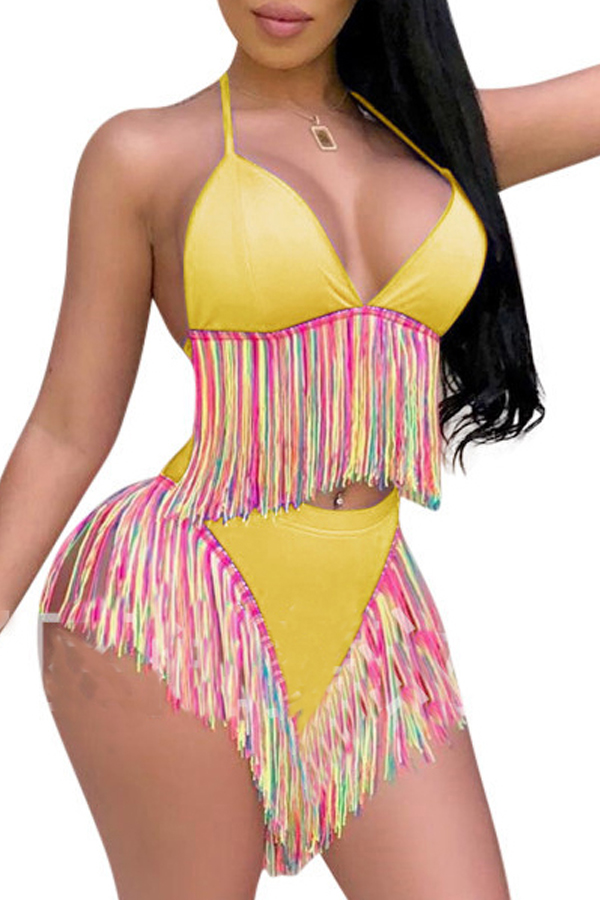 

Lovely Tassel Design Yellow Two-piece Swimsuit