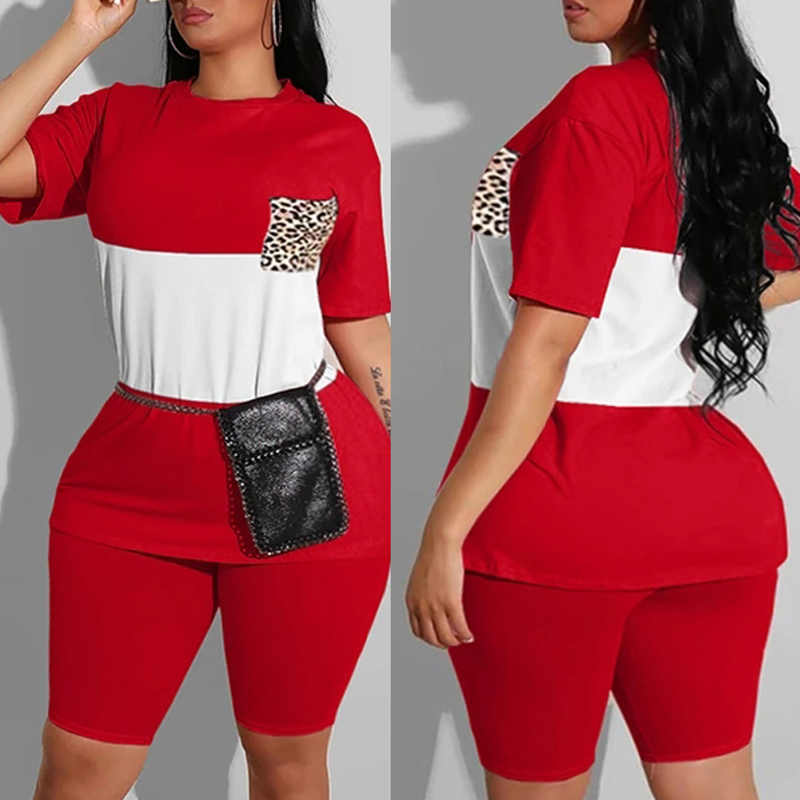 

Lovely Casual Patchwork Red Plus Size Two-piece Shorts Set