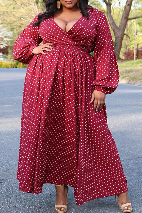 

Lovely Trendy Dot Print Red Ankle Lengh Plus Size Dress