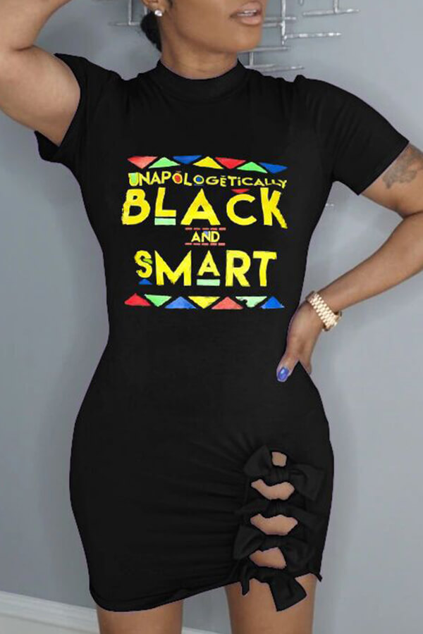 

Lovely Casual Letter Print Black Mini Dress