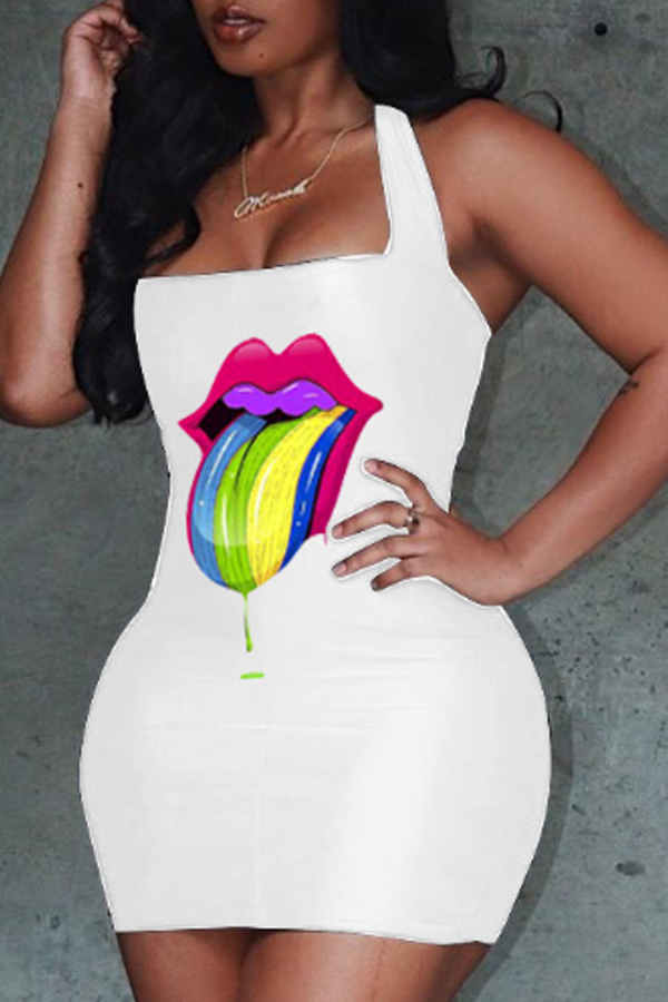 

Lovely Casual Lip Print White Mini Dress