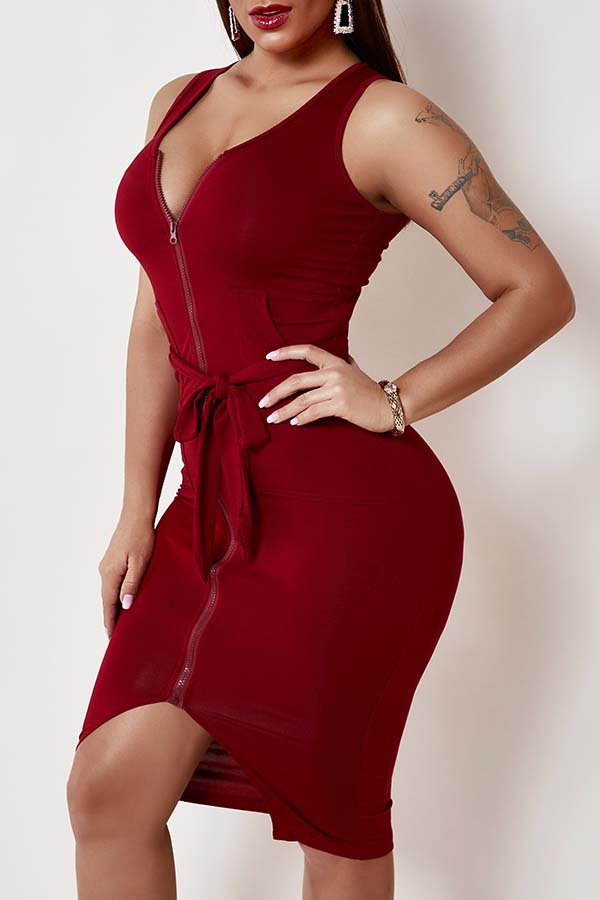

Lovely Trendy Zipper Design Red Knee Length Dress