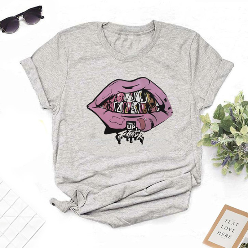 

Lovely Leisure O Neck Lip Print Grey T-shirt