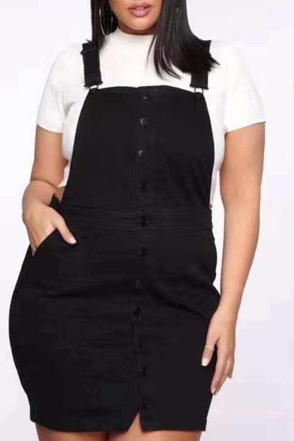 

Lovely Casual Buttons Design Black Mini Plus Size Dress