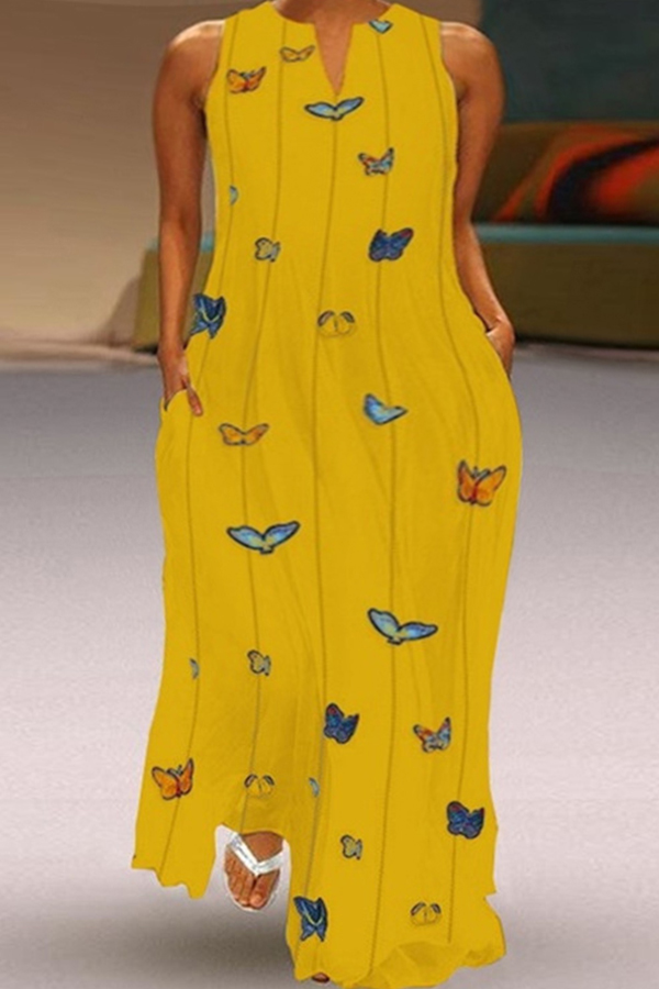

Lovely Trendy Butterfly Print Yellow Maxi Plus Size Dress