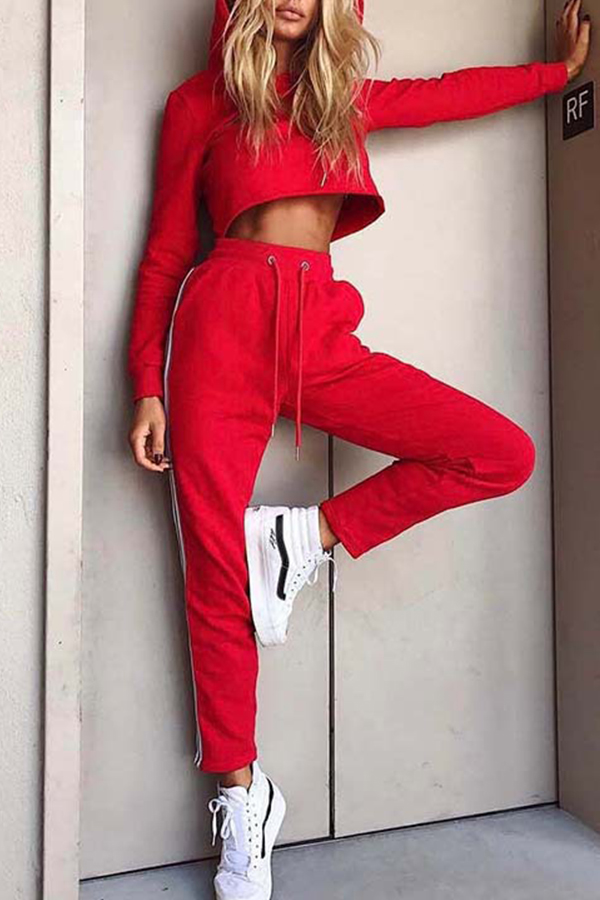 

Lovely Sportswear Hooded Collar Patchwork Red Loungewear