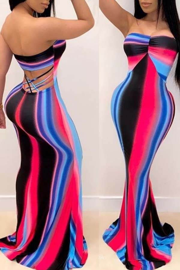 

LW Trendy Dew Shoulder Striped Pink Maxi Dress