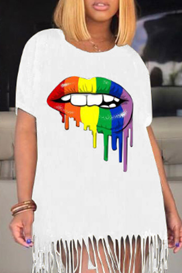

Lovely Casual Lip Print White Mini Dress