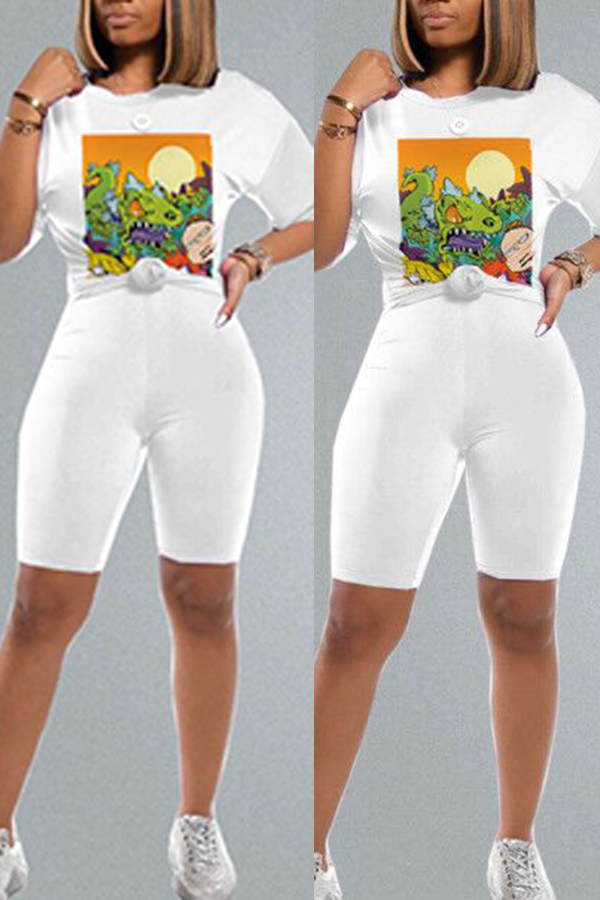 

Lovely Casual Cartoon Print White Two-piece Shorts Set