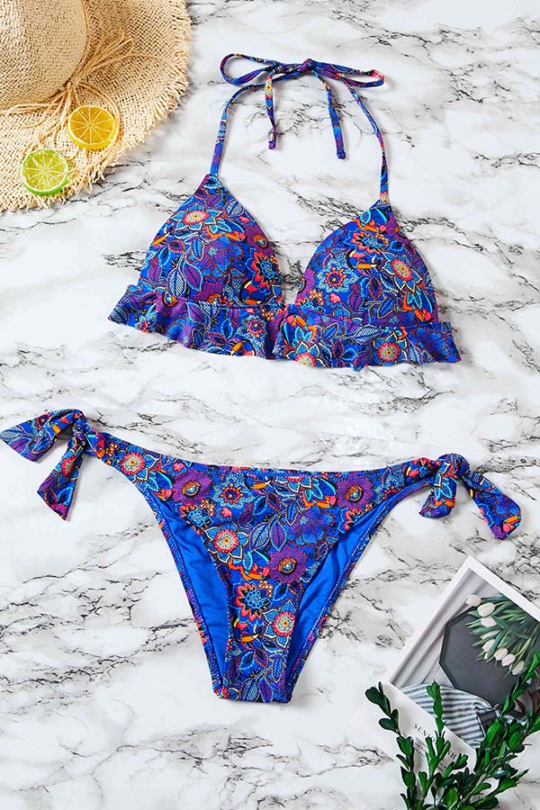 Lovely Floral Print Blue Two-piece Swimsuit