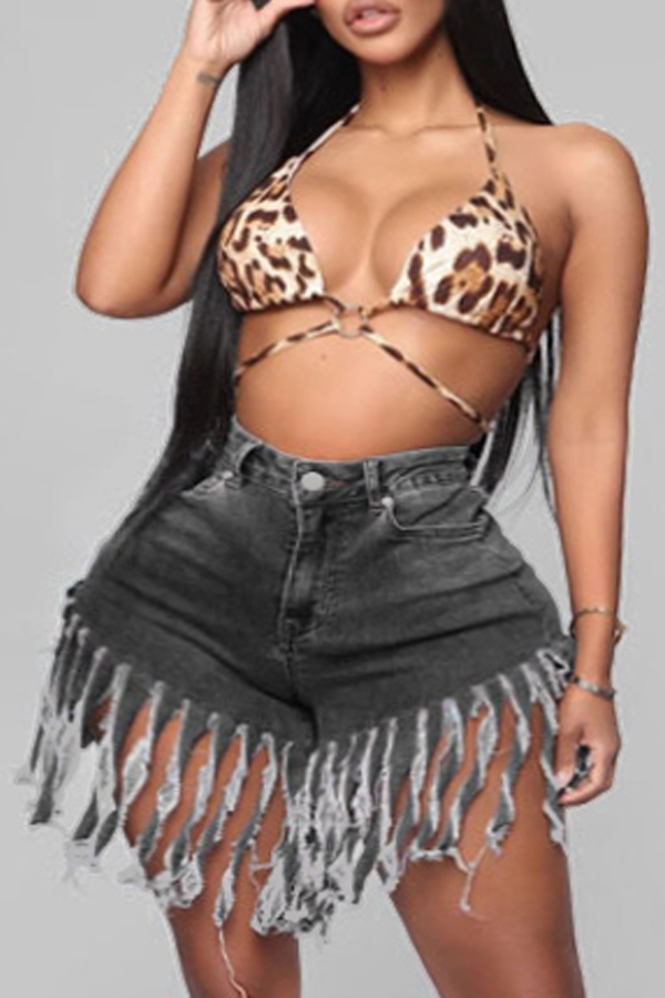 

Lovely Trendy Tassel Design Black Plus Size Shorts