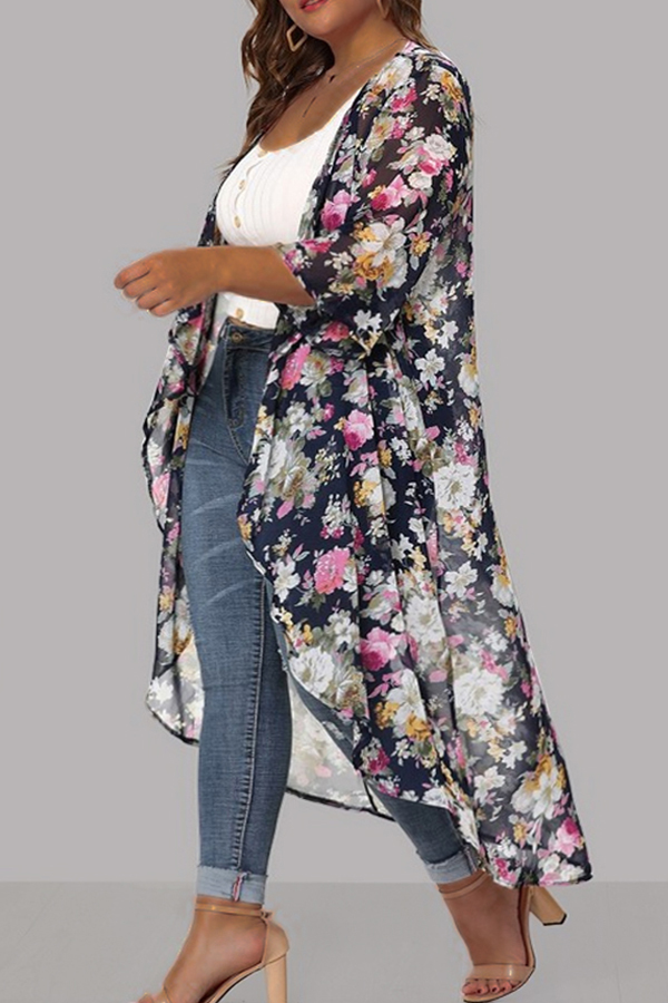 

Lovely Floral Print Navy Blue Plus Size Cover-up