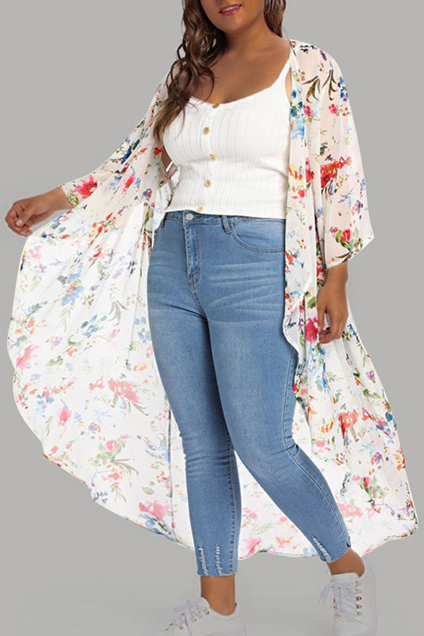 

Lovely Floral Print White Plus Size Cover-up