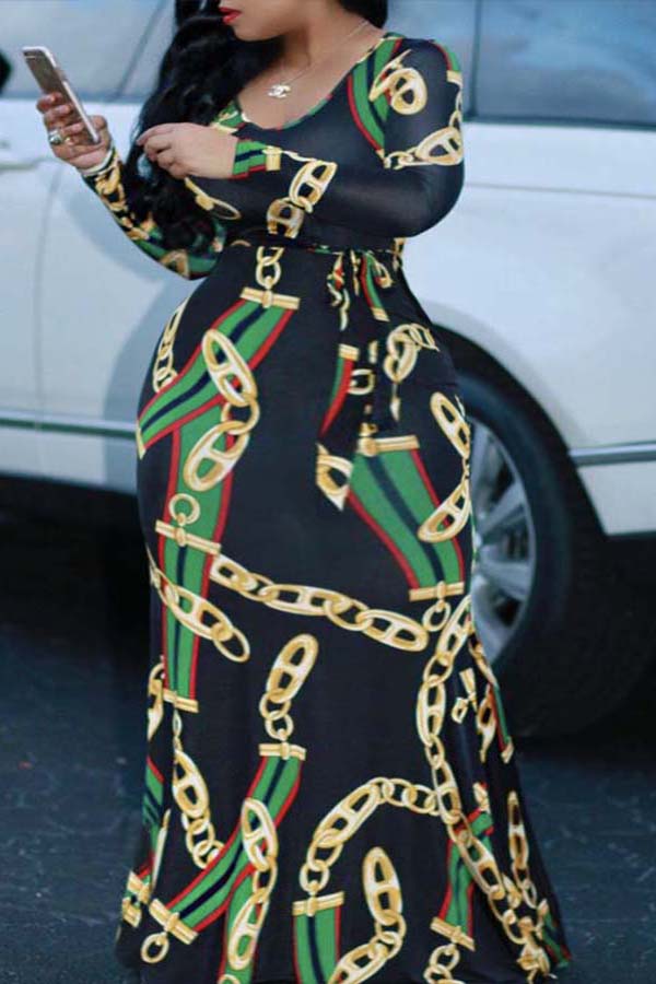 

Lovely Trendy Print Black Maxi Plus Size Dress