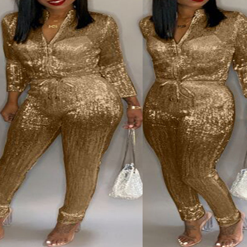 

Lovely Stylish Sequined Gold Plus Size One-piece Jumpsuit