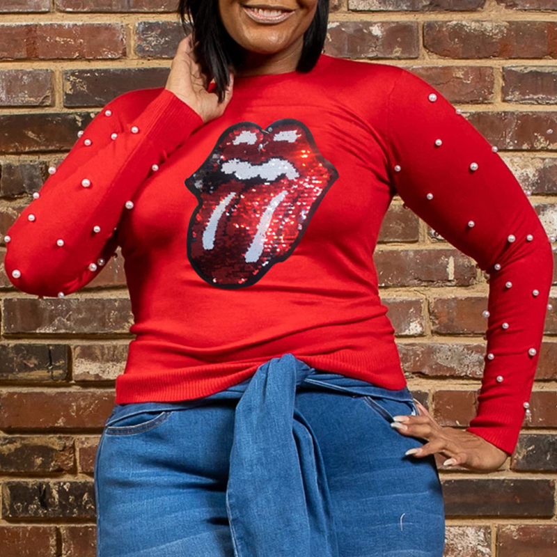 

Lovely Casual O Neck Lip Red Plus Size T-shirt