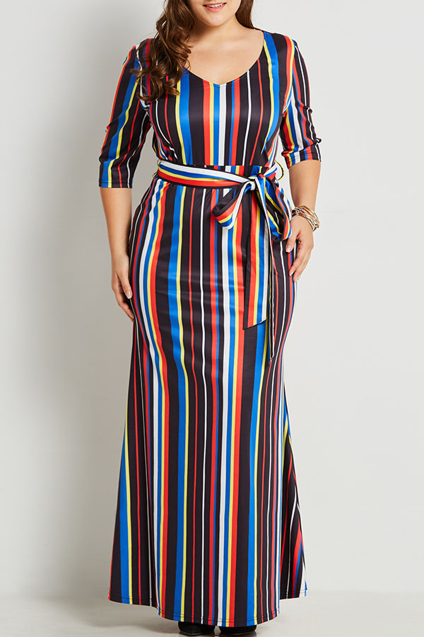 

Lovely Leisure V Neck Striped Red Maxi Plus Size Dress