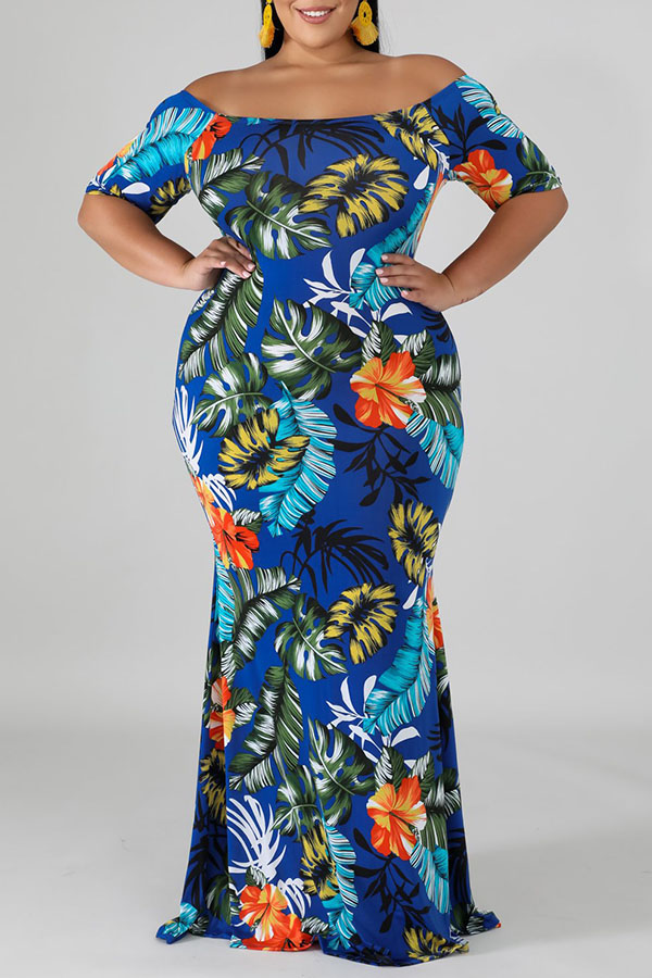 

Lovely Trendy Plants Print Deep Blue Maxi Plus Size Dress