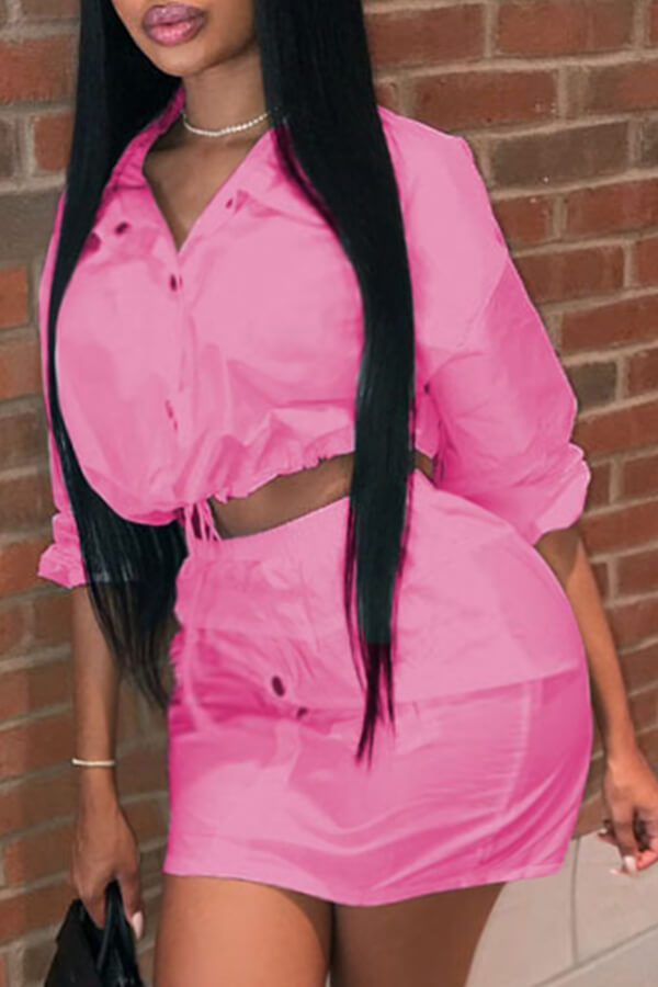 

Lovely Trendy Buttons Design Pink Plus Size Two-piece Skirt Set