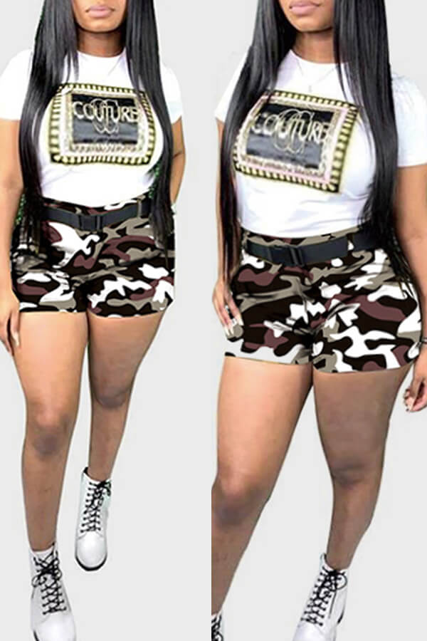 

Lovely Plus Size Trendy Camo Print Grey Two-piece Shorts Set, Gray camouflage