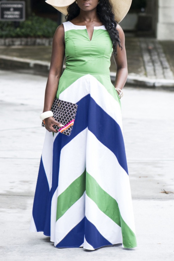 

Lovely Trendy Color-lump Patchwork Green Maxi Dress