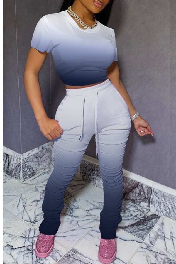 

Lovely Casual Fold Design Blue Two-piece Pants Set