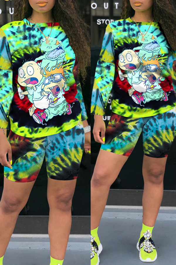 

Lovely Leisure Cartoon Print Green Two-piece Shorts Set