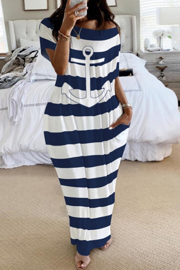 

Lovely Casual Striped Dark Blue Ankle Length Plus Size Dress