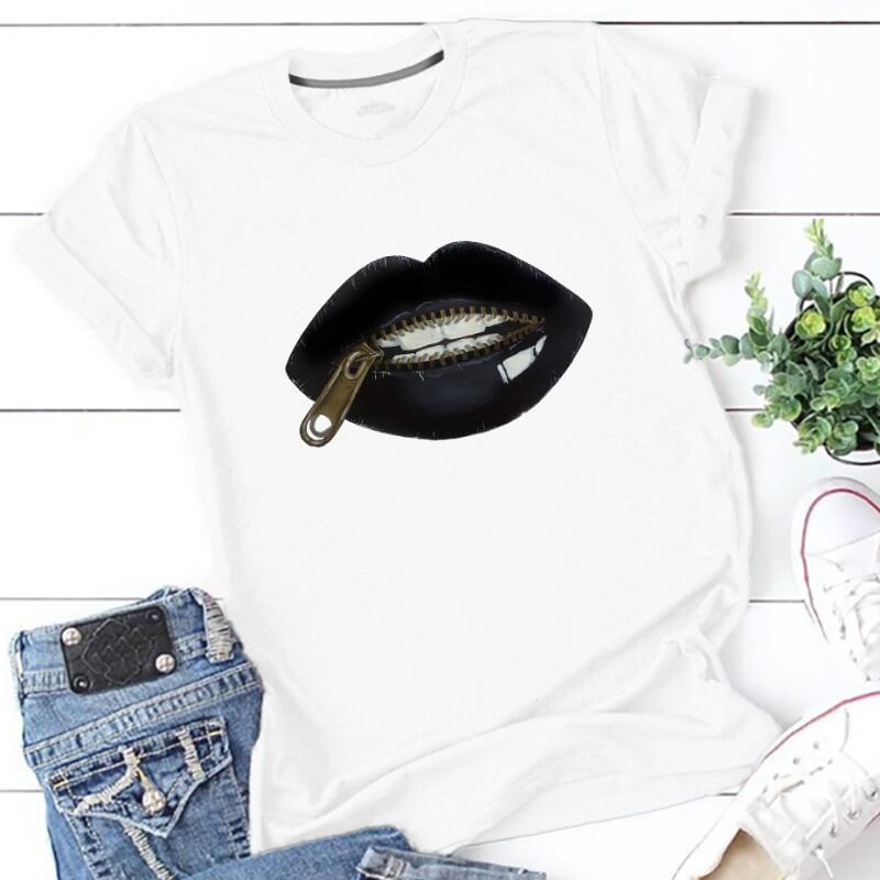 

Lovely Plus Size Casual Lip Print White T-shirt