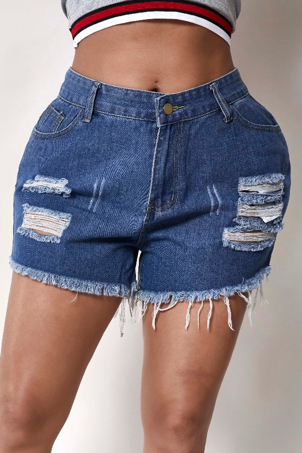 

Lovely Casual Broken Holes Blue Shorts
