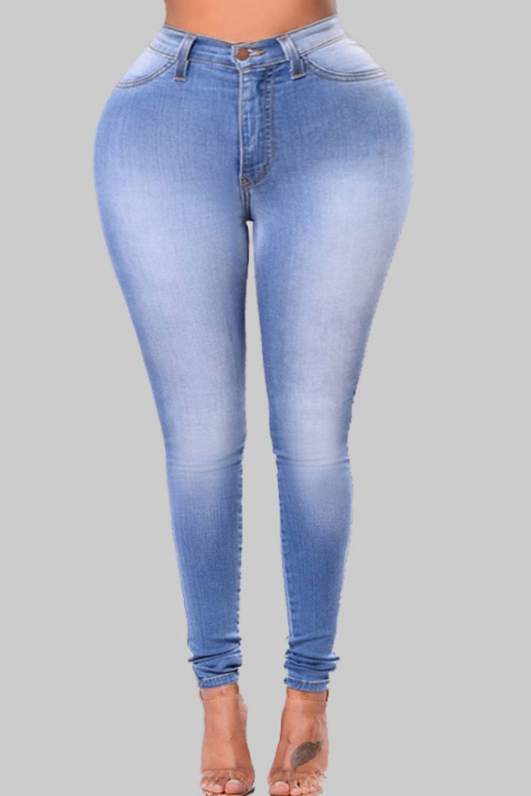 

Lovely Casual Buttons Design Blue Plus Size Jeans