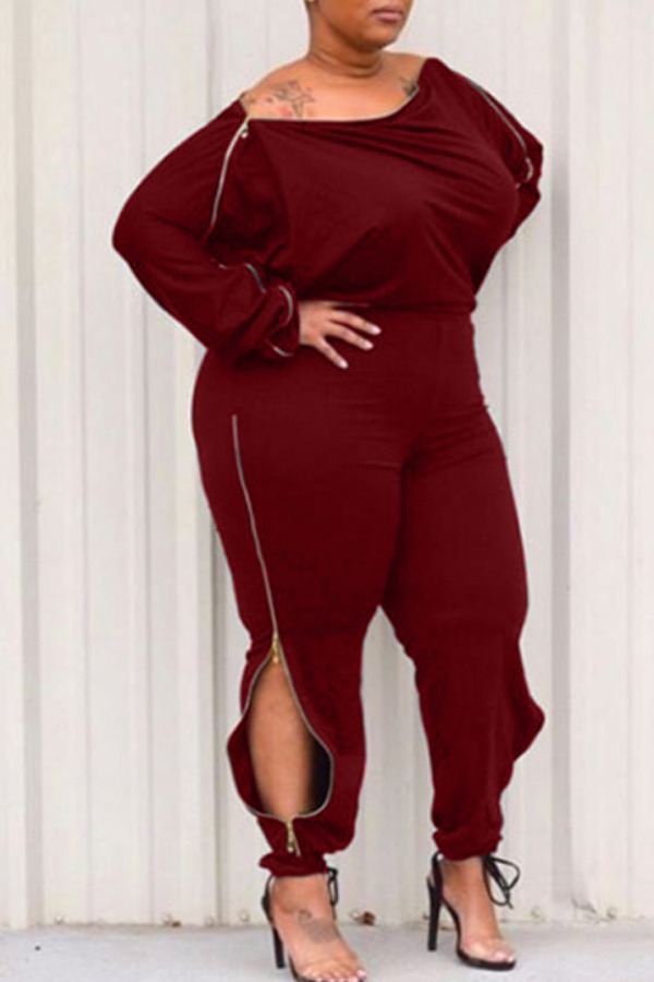 

Lovely Casual Zipper Design Wine Red Plus Size One-piece Jumpsuit